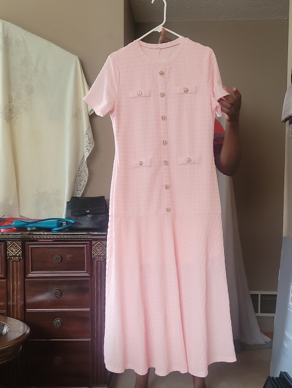 Classic Pink Short-Sleeve Maxi Dress with Decorative Buttons